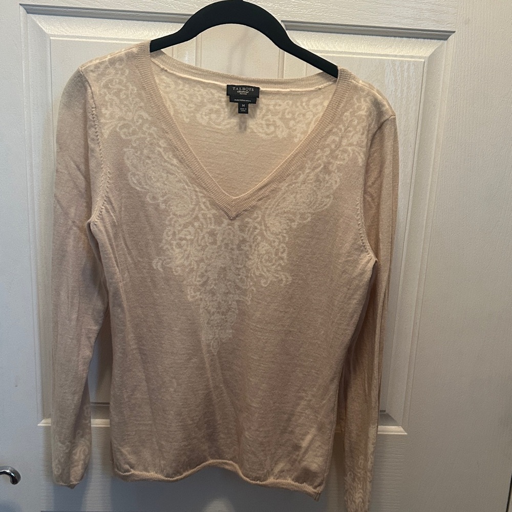 Talbots Cream Long Sleeve V-Neck Pure Merino Wool Lightweight Sweater MP
